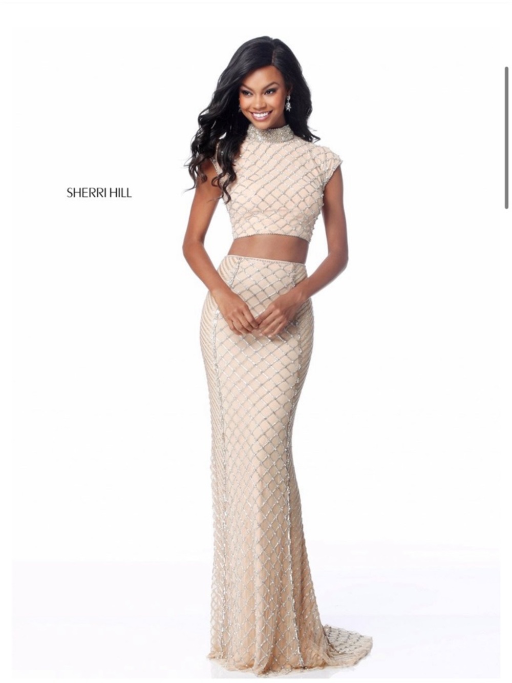 Sherri Hill Nude Beaded Two-Piece Evening Gown